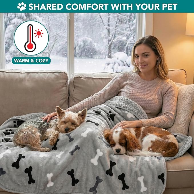 PetAmi Premium Waterproof Dog Blanket for Large Dogs, Reversible Sherpa & Flannel Fleece, Leakproof Pet Throw for Couch Protection, Soft Plush Furniture Protector for Cats, Washable, 60x80 Bone Grey