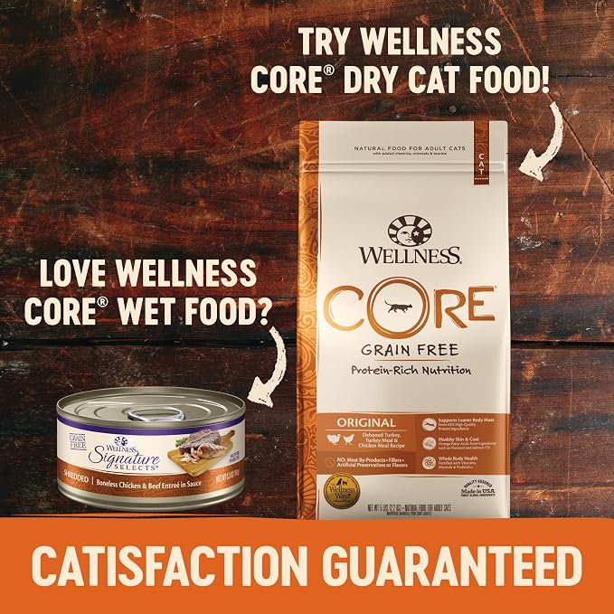 Wellness CORE Signature Selects Shredded Adult Canned Wet Cat Food, Natural, Protein Rich, Grain Free, Chicken and Turkey Entrée Recipe, 2.8 oz, Pack of 12 Cans