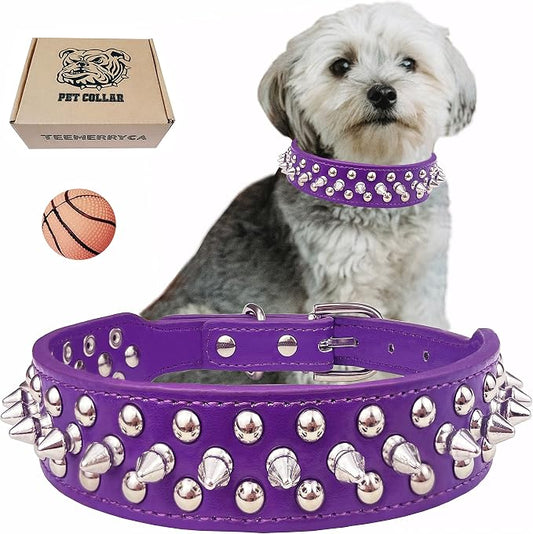 TEEMERRYCA Adjustable PU Leather Spiked Studded Dog Collars with a Squeak Ball Gift for Small Medium Large Pets Like Cats/Pit Bull/Bulldog/Pugs/Husky, Purple, XS 8.3"-10.6"