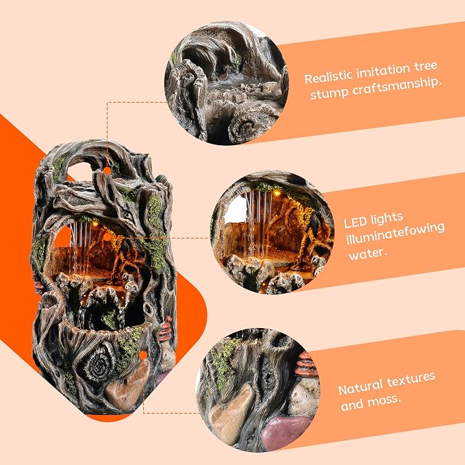 MAOCHI Tabletop Water Fountain, Home Décor Soothing Sound Machine with Automatic Pump, Nature Tree Stump Resin and for Indoor Zen Relaxation for Office, Living Room, or Bedroom Décor
