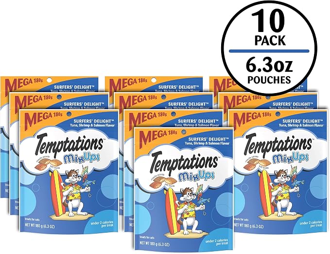 Temptations Cat Treats MixUps Surfer's Delight, Tuna, Shrimp, Salmon Flavor, Crunchy and Soft Cat Treats, 6.3 oz. Pouch (Pack of 10)