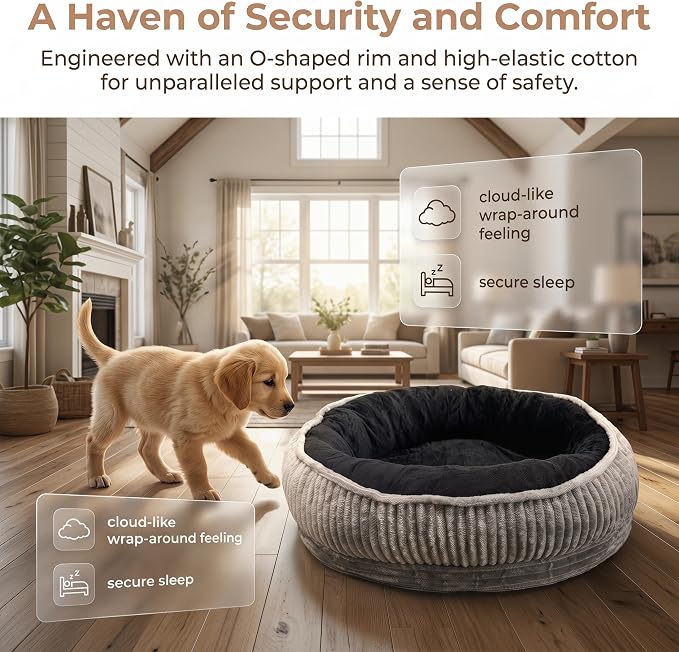 Calming Dog Bed for Small Dogs 18"x20" - Washable Donut Pet Bed with Anti-Slip Bottom, Soft Puppy Bed for Indoor Kittens and Cats with Removable Cover (Black)