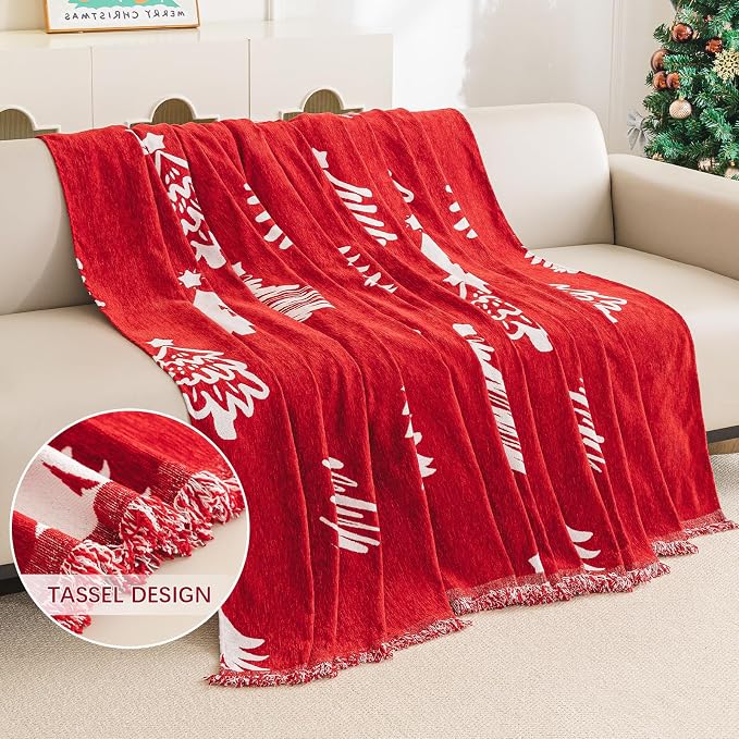 hyha Couch Cover for Dogs, Boho Sofa Covers for 3 Cushion Couch Washable, Chenille Sofa Slipcover for Pets, Loveseat Sectional Couch Throw Blanket with Tassels(Red Christmas Tree, 88.5x150 Inch)