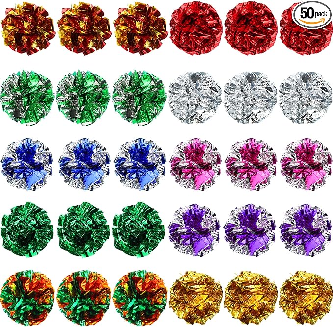 Silkfly 50 Pcs Polyester Film Crinkle Balls Cat Toys 2.36" Interactive Crinkle Ball, Colorful Balls Chew Toy for Cat Chase Ball Toys Attract Cats for Indoor Cats and Kittens to Keep Fit and Active
