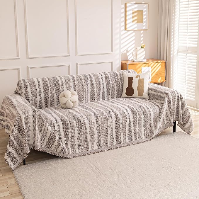 MEETSKY Boho Couch Cover Sofa Covers, Chenille Geometric Couch Covers for 2 Cushion Couch Sofa for Dogs, Washable Sofa Slipcover for Cat Couch Protector with Tassels,71" x 118", Coffee