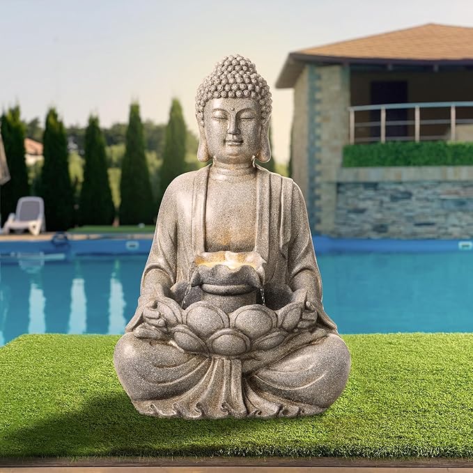 Glitzhome Buddha Outdoor Water Fountain with Lights and Pump, 28.25" H Zen Style Outdoor Fountain Concrete Meditating Buddha Statue Polyresin Garden Fountain Waterfall for Patio, Porch, or Yard Decor