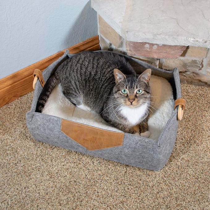 Kitty City Felt Lounge Sleeper Bed for Cats, Warm and Cozy Cat Bed with Machine Washable Cushion, Felt Construction with Faux Leather Details and Wood Handles, Gray, 15"D x 18"W x 7"H (CM-10068-CS01)