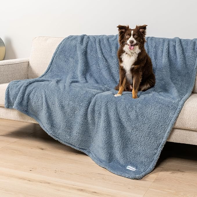 PetAmi Fluffy Waterproof Dog Blanket for Couch and Bed, Reversible Sherpa Pet Throw, Pee Proof Furniture Protector Sofa Cover, Washable Cat Blanket for Medium Large Dogs and Cats (Dusty Blue, 60x80)