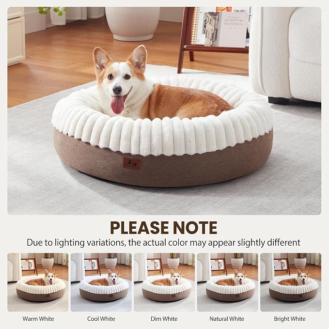 Donut Dog Bed Medium Size Dog 30 Inch, Round Cat Beds for Small Medium Dogs and Cats with Washable Fluffy Faux Fur, Cute Comfort Pet Bed with Anti-Slip Bottom, Cream