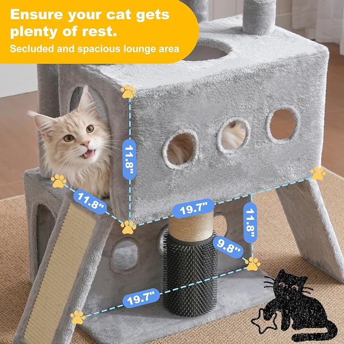 Hey-brother Cat Tree Tower, 71.5 Inches Scratching Posts with Extra Large Platform, 2 Cozy Condos, 2 Hammocks and Scratch Boards, Multi-Level House for Multiple Indoor Cats, Smoky Gray MPJ085W