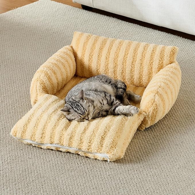 Hollypet Cat Bed Fluffy Plush Multifunctional Double-Layer Machine Washable Soft Warming Kitty Pet Couch Orthopedic Nest Beds for Small Cats Kitten and Dogs up to 13lbs, Yellow(21x15x8 inch)