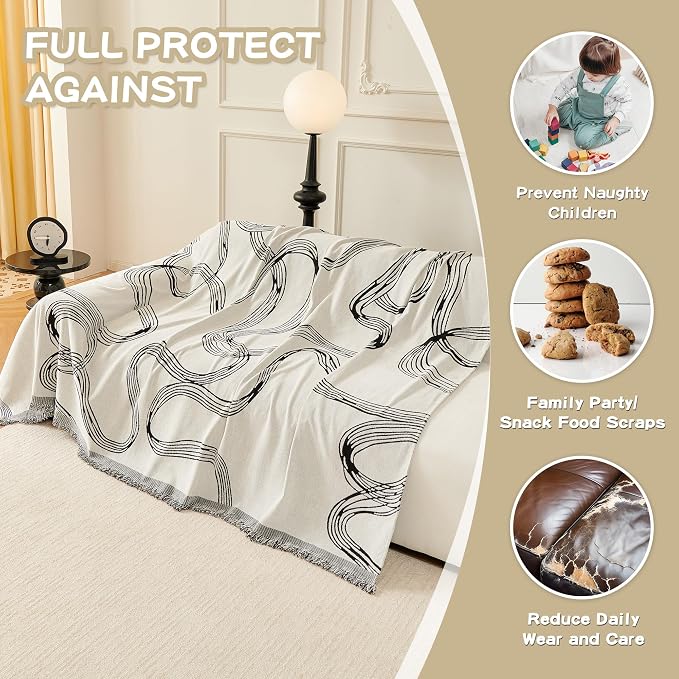 MEETSKY Boho Couch Cover Sofa Covers, Chenille Black Line Couch Covers for 2 Cushion Couch Sofa for Dogs, Washable Slipcover for Cat Sofa Protector with Tassels,71" x 118"