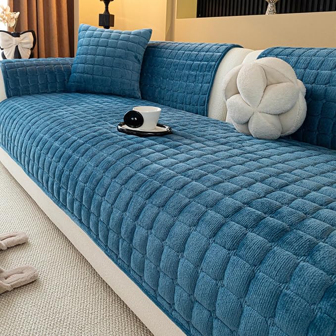 Velvet Couch Cover, Plush Sectional Sofa Cover Washable, Anti Slip Sofa Slipcover for Loveseat, Furniture Protector Covers for Pets & Kids(1PC, Teal Blue, 35.4"×47.2", Loveseat)