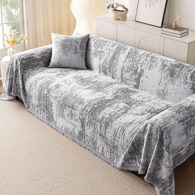 hyha Couch Cover for Dogs, Boho Sofa Covers for 3 Cushion Couch Washable, Chenille Sofa Slipcover for Pets, Soft Loveseat Sectional Couch Throw Blankets with Tassels (Dark Grey/White, 88.5x134 Inch)