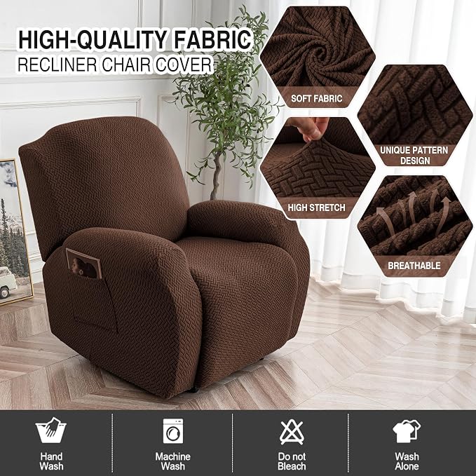 Genina Recliner Chair Covers, Stretch Reclining Chair Cover, Recliner Sofa Slipcovers Stripe Jacquard Lazy Couch Covers Furniture Protector Covers for Pet Kid (Chocolate, 1 Seat)
