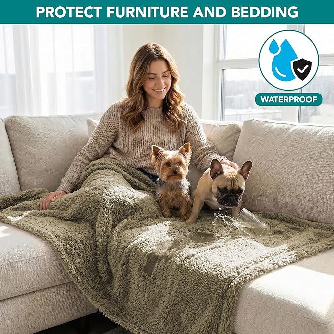 PetAmi Fluffy Waterproof Dog Blanket for Couch and Bed, Reversible Sherpa Pet Throw, Pee Proof Furniture Protector Sofa Cover, Washable Cat Blanket for Small Medium Dogs and Cats (Taupe Camel, 29x40)