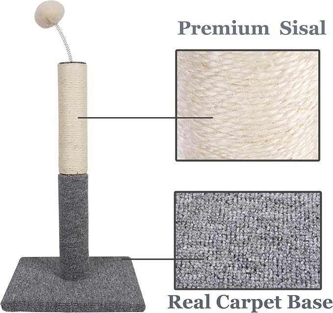 Cat Scratching Post with Carpet Botton Base and Spring Teasing Toy Ball for Indoor Cats and Kittens Grey