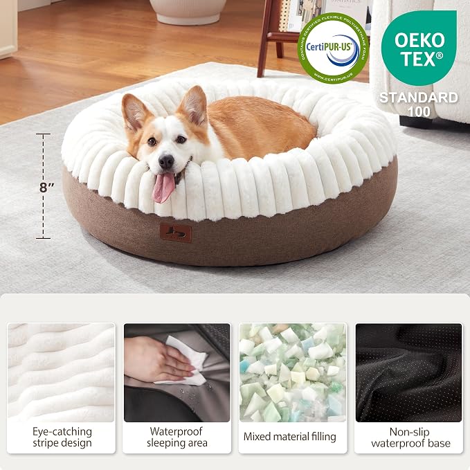 Donut Dog Bed Medium Size Dog 30 Inch, Round Cat Beds for Small Medium Dogs and Cats with Washable Fluffy Faux Fur, Cute Comfort Pet Bed with Anti-Slip Bottom, Cream