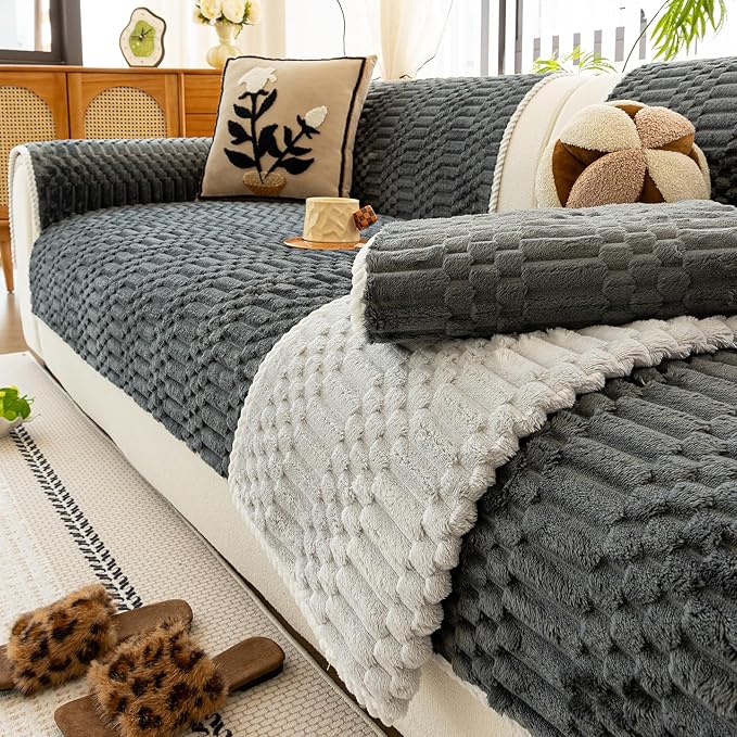 Plush Warm Sofa Covers Washable, Funny Fuzzy Couch Cover for Dogs Washable, Non-Slip Couch Covers for Loveseat, Soft Sofa Slipcover for Pet & Kid(1PC, Dark Grey, 36"×71", 2-3 Seater)
