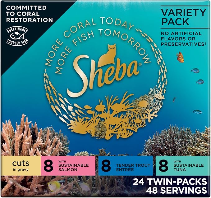 Sheba Perfect Portions Wet Cat Food Cuts in Gravy, with Sustainable Salmon, Tender Trout Entree, and with Sustainable Tuna, 2.6 oz. Twin-Pack Trays (24 Count, 48 Servings)