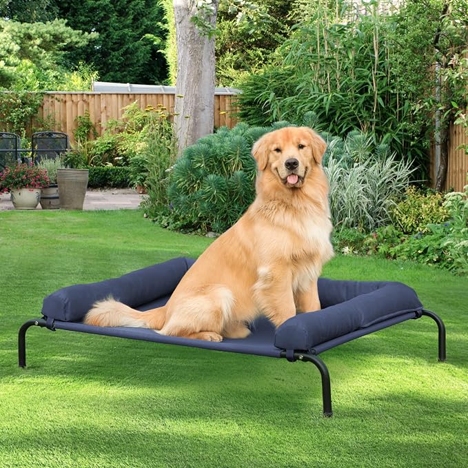 Cooling Elevated Dog Bed, Outdoor Raised Dog Beds, Medium Waterproof Dogs Cot W/Breathable Mesh, Pet Cot W/Portable Removable Bolster