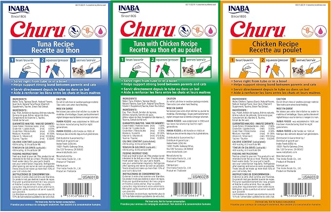 INABA Churu Lickable Purée Natural Cat Treats Tuna & Chicken 3 Flavor Assortment of 12 Tubes