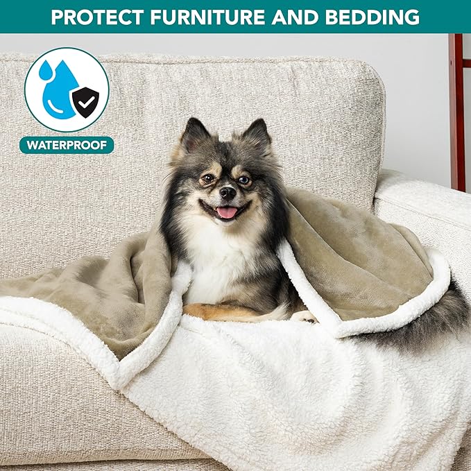 PetAmi Waterproof Dog Blanket for Couch, Pee Proof Sherpa Fleece Reversible Pet Throw, Furniture Protector for Bed Sofa Kennel, Soft Washable Cover for Small Medium Dog Puppy Cat, 29x40 Taupe