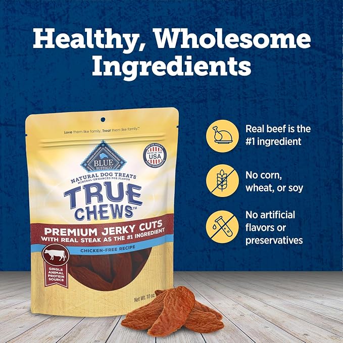 Blue Buffalo True Chews Beef Premium Jerky Cuts Natural Dog Treats, Chicken-Free Dog Snacks, Healthy Reward or Training Treat, Made in the USA with Real Steak & Natural Ingredients, 30 oz.