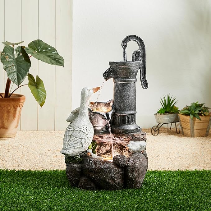 Glitzhome 24" Farmhouse Duck Outdoor Fountain with LED & Pump – 2-Tier Cascading Water Fountain for Outside Garden Decor - Rustic Waterfall for Backyard, Garden, or Patio Decor