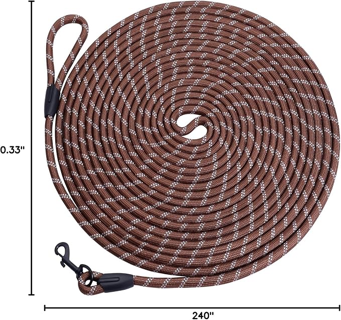 Long Dog Leash for Training 20Ft-Reflective Nylon Rope with Swivel Hook-Recall Agility Lead for Large Small Medium Dogs Outside Walking Hiking-Brown