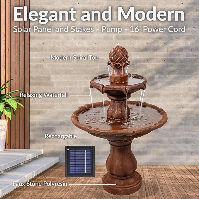 Sunnydaze 35" Solar 2-Tier Outdoor Water Fountain - Garden Water Feature with Battery Backup and Pump - Rust