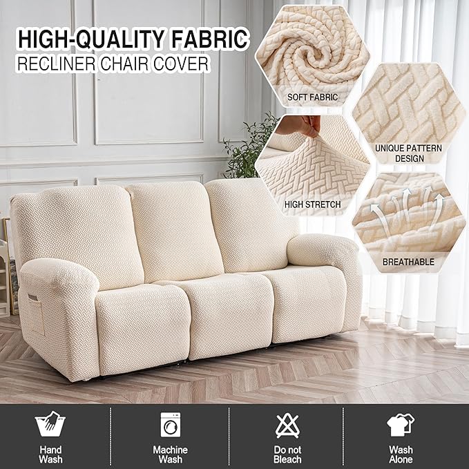 Genina Recliner Sofa Cover Stretch Couch Covers, Sofa Slipcover for Reclining Couch Thick Jacquard Furniture Protector Washable (Beige, 3 Seat)