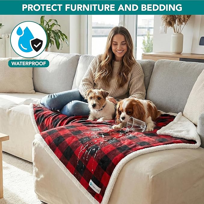 PetAmi Waterproof Dog Blanket for Couch, Extra Large 80x60, Pee Proof Sherpa Fleece Reversible Pet Throw, Furniture Protector for Bed Sofa Crate Kennel, Soft Washable Cover for Dog Cat, Plaid Red