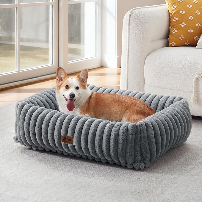 Dog Bed Medium Size Dog, Rectangle Orthopedic Pet Bed for Car and Indoor, Comfort Fluffy Memory Foam Dog Beds with Anti-Slip Bottom,Grey(30x24x8inchs)