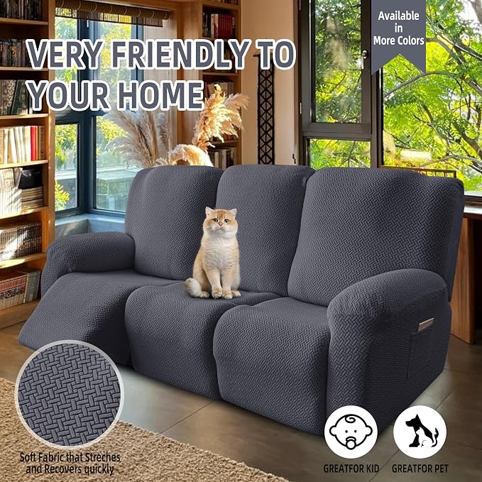 Genina Recliner Sofa Covers - Stretch Reclining Couch Covers with Stripe Jacquard - 3 Seat Cushion Slipcovers with Soft Fabric - Furniture Protector for Pet Kid (Dark Gray)