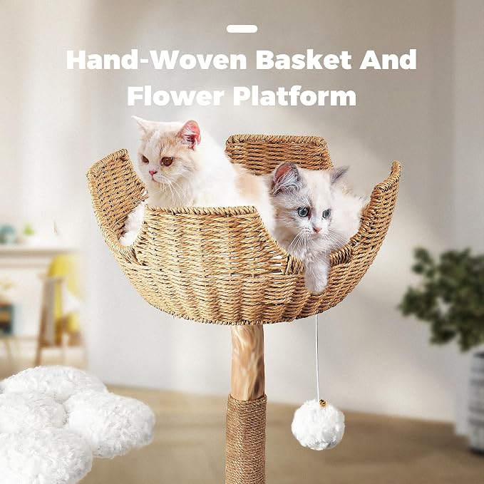 Easyego Modern Cat Tree, 45.6" Aesthetic Wood Cat Tree Tower for Large Cats, Luxury Cat Condo with Scratching Posts and Flower Platforms, Cat Furniture, White