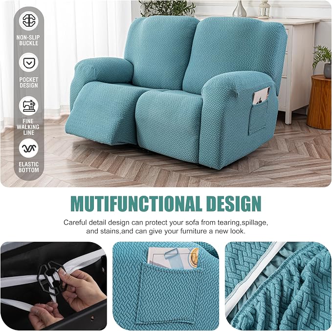 Genina Recliner Loveseat Cover Stretch Couch Covers Sofa slipcover for 2 Seat Reclining Couch Thick Jacquard Furniture Protector (Light Blue)