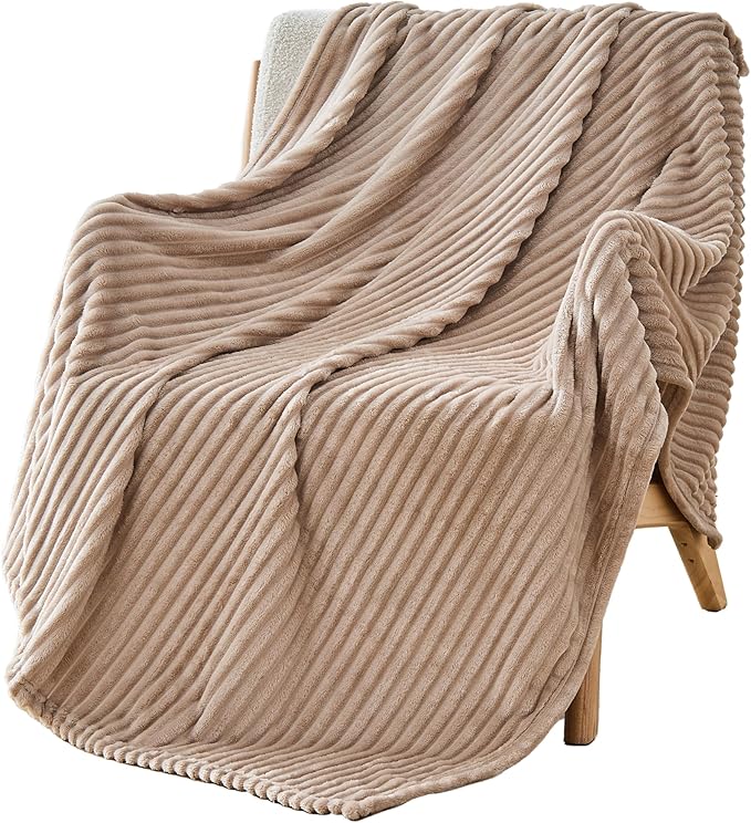Bnuitland Fleece Throw Blanket, 300GSM Soft Warm Cozy Fluffy Throw for Babys & Pets, Stripe Pattern, All Season Sofa Bed Blanket for Home Decor, Light Camel 50"x60"