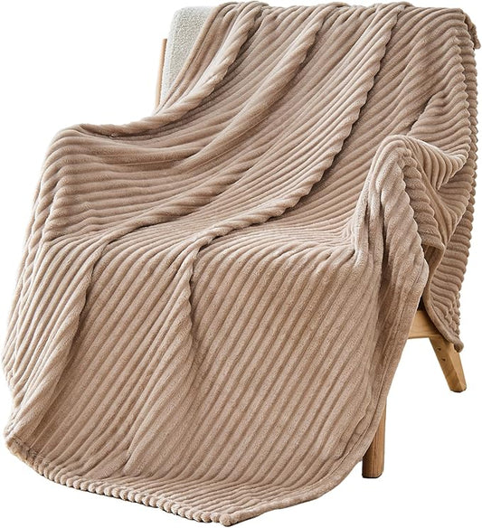 Bnuitland Fleece Throw Blanket, 300GSM Soft Warm Cozy Fluffy Throw for Babys & Pets, Stripe Pattern, All Season Sofa Bed Blanket for Home Decor, Light Camel 50"x60"