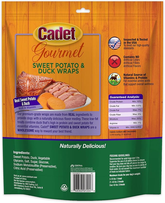 Cadet Gourmet Sweet Potato & Duck Dog Treats Wraps - Healthy & Natural Sweet Potato & Duck Dog Training Treats for Small & Large Breeds - Inspected & Tested in USA (28 oz.)
