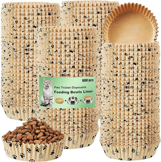 meekoo 600 Pcs Large Pet Disposable Feeding Bowls Liner Bulk Cat Food Bowls Small Paper Dish Paper Liner for Small Dogs Cats Dish Wet Food Feeding Station (Khaki,Paw)