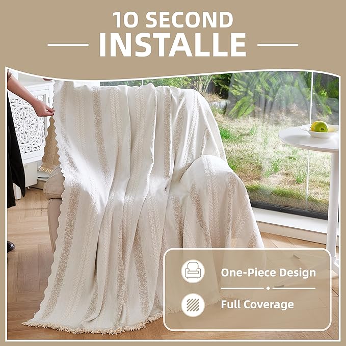 Couch Cover for Dogs Washable Sofa Cover, Sectional Couch Covers, Sofa Covers for 2 Cushion Couch, Non Slip Stripe Sofa Slipcovers Furniture Protector (Beige, 91 * 71)