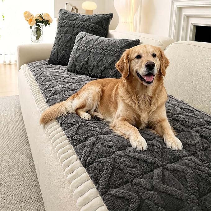 OTOB All Season Couch Cover for Dogs Washable, Geometric Jacquard Non Slip Soft Fuzzy Pet Couch Covers for 3 Cushion Couch, Cozy Plush Sofa Slipcovers Protector Dog Mat (Dark Gray, 27.6" x 82.7")