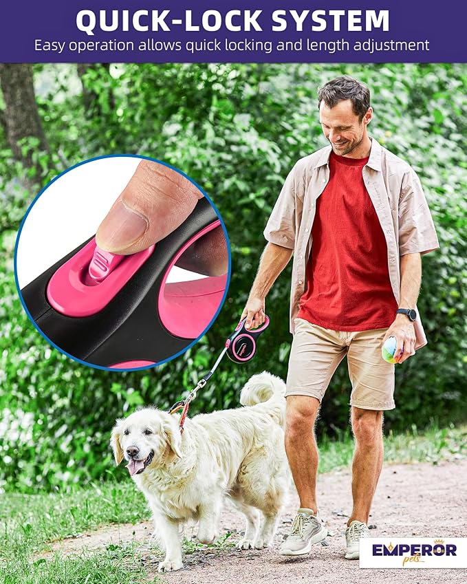 Emperor Pets Pink Heavy Duty Retractable Dog Leash 26 ft – Tangle-Free Nylon Tape, Anti-Slip Grip, Reflective – Retractable Leash for Medium Large Dogs up to 110 lbs -Classic-PK26