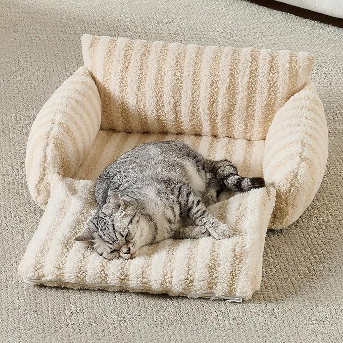 Hollypet Cat Bed Fluffy Plush Multifunctional Double-Layer Machine Washable Soft Warming Kitty Pet Couch Orthopedic Nest Beds for Small Cats Kitten and Dogs up to 13lbs, Beige(21x15x8 inch)
