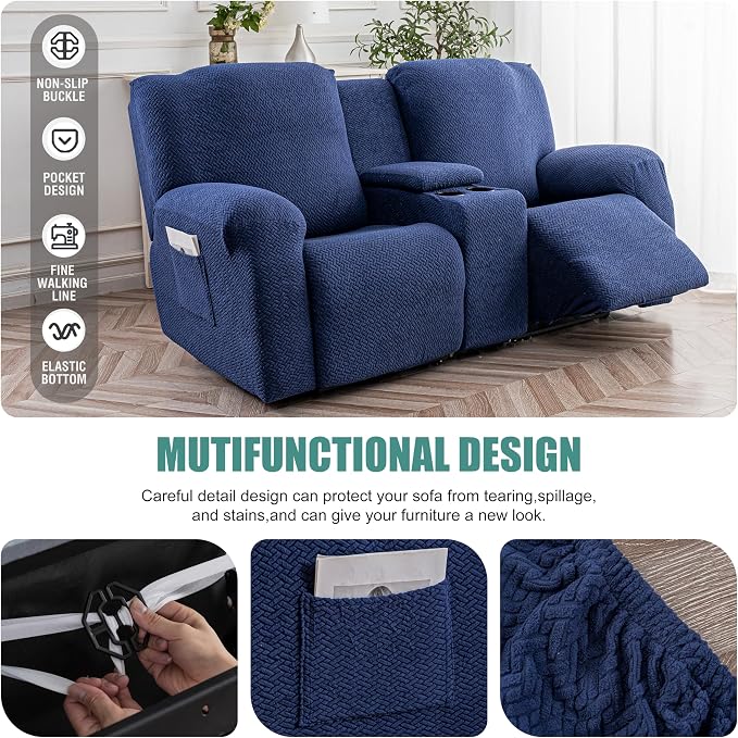 Genina Recliner Loveseat Covers with Console, Stretch Reclining Sofa Covers, 2 Seater Couch Cushion Stripe Jacquard Recliner Slipcovers - Furniture Protector Covers for Pet Kid (Navy Blue)