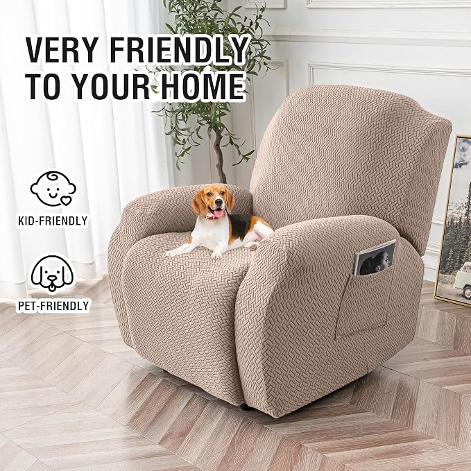 Genina Recliner Chair Covers, Stretch Reclining Chair Cover, Recliner Sofa Slipcovers Stripe Jacquard Lazy Couch Covers Furniture Protector Covers for Pet Kid (Taupe, 1 Seater)