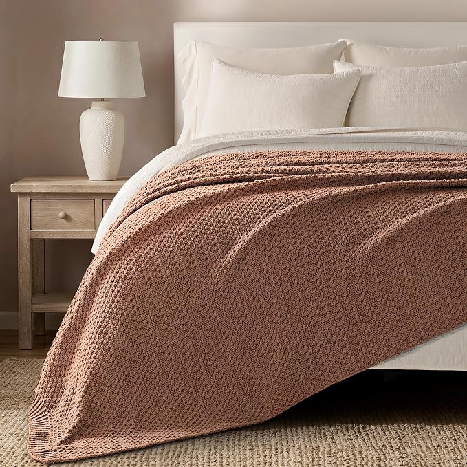 EVERGRACEHOME Chunky Polyester Knit Throw Blanket for Couch, Soft Luxurious Oversized King Moss Stitch Blanket for Bed, Large Cozy Farmhouse Knitted Throw for Sofa, Terracotta Clay, 108" x 92"