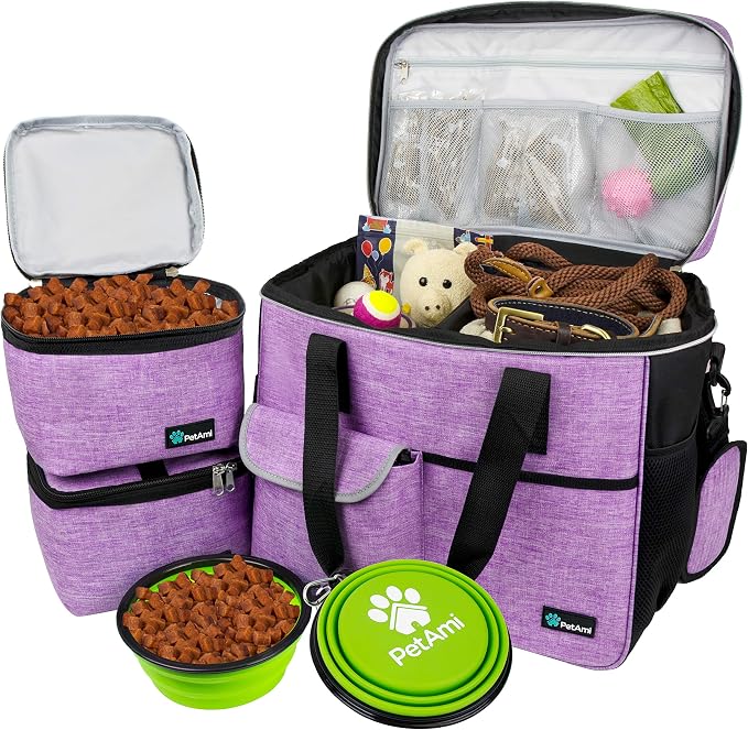 PetAmi Dog Travel Bag Organizer, Pet Travel Kit with 2 Food Containers & 2 Collapsible Dog Bowls, Pet Supplies Tote with Luggage Sleeve, Weekend Road Trip Camping Essentials, Purple, Large