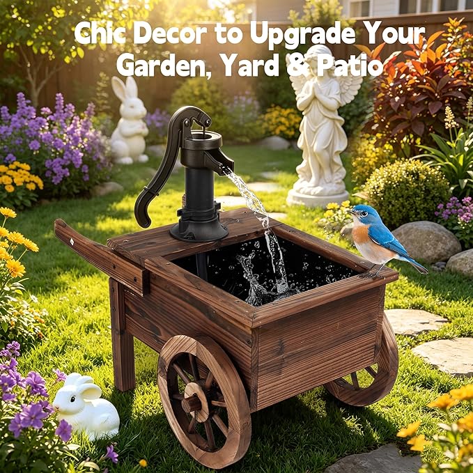 OIPRTGFJ Outdoor Water Fountain,Cute Floor Wooden Wagon Pump Old-Fashioned Fountain with Flower Box,Electric Decorative Hand Pump, Outdoor Water Feature for Garden Patio Backyard(Electric Wagon Pump)